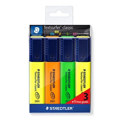 Obrázek STAEDTLER 364 S WP4P Textsurfer classic zvýrazňovač akční pouzdro 3 a 1 zdarma 4 kusy v měkkém plastovém pouzdře