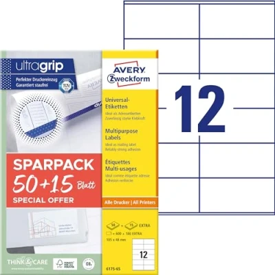 Obrázek AVERY Zweckform 6175 65 adresní nálepky (600 plus 180 lepicích etiket extra, 105 x 48 mm na A4, papír matný, tištěné štítky pro odesílatele, samolepicí s ultragripem) listů, bílé