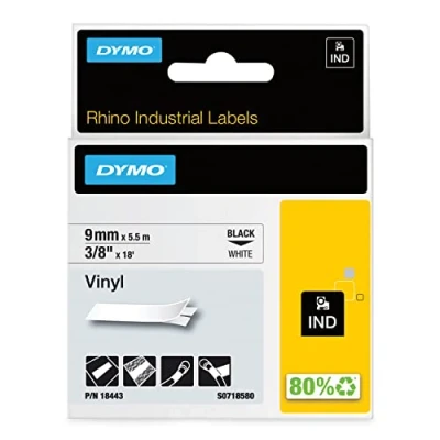 Obrázek DYMO Průmyslové vinylové etikety Rhino 9 mm x 5,5 m černé na bílé samolepicí páska pro a LabelManager popisovací přístroj