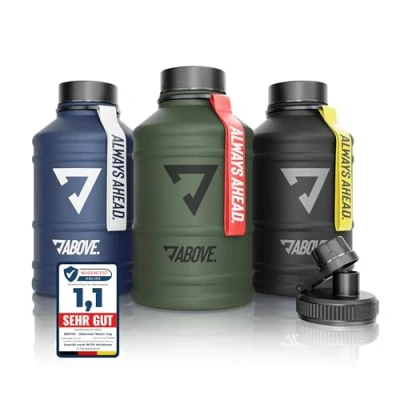 Obrázek ABOVE. láhev na pití z ušlechtilé oceli 1,3 l / 2,2 bez BPA, zabezpečená proti vytečení, robustní kovová s extra uzávěrem I ideální pro sport, fitness a outdoorové aktivity (modrá,