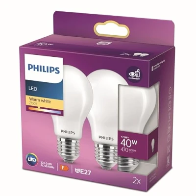 Obrázek Philips LED Classic E27 žárovka, 40 W, tvar kapky, matná, teplá bílá, balení 2 ks