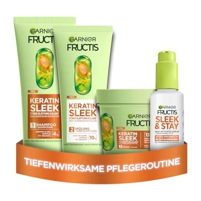 Obrázek Garnier Fructis Keratin Sleek pečující sada se šamponem, kondicionérem, maskou a sérem, s arganovým olejem keratinovým přípravkem Komplex pro suché vlasy sklonem ke krepatění