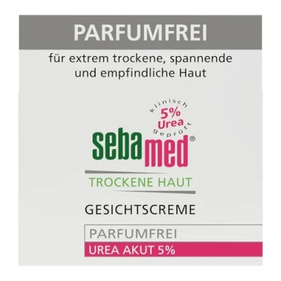 Obrázek Sebamed Krém na obličej bez parfému Urea Akut 5 %, znatelně zmírňuje pocit napětí, lupování a drsnost při suché pokožce, pro muže i ženy, parfemace, 50 ml
