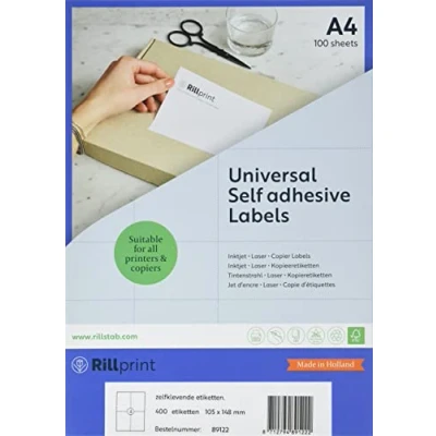 Obrázek Rillprint Víceúčelové samolepicí etikety 400 kusů 105 x 148 mm 4 lepicí na list formátu A4 potisknutelné a snímatelné univerzální nálepky adresu 100 listů, bílé