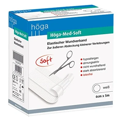 Obrázek Höga Med Soft elastický obvaz na rány 5 m x 6 cm náplast rány, hypoalergenní, prodyšná, nelepí se, silně absorbuje.