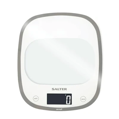 Obrázek Salter 1050 WHDR Curve digitální kuchyňská váha bílá, tenké sklo elektrické kuchyňské váhy, velký povrch, kapacita 5 kg, dobře čitelný displej, funkce tára, ml nebo fl oz