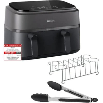Obrázek Dvojitá horkovzdušná fritéza Philips řady 3000 se snídaňovou sadou, 9 l, 2 zásuvky, funkce Synch, technologie Rapid Air, univerzální velká pro rodinu