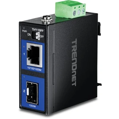 Obrázek TRENDnet TI F11SFP Tvrzený průmyslový konvertor 100/1000 Base T na SFP Mediální konvertor, DIN lišta/nástěnný držák, multi nebo Single Mode Fiber, síťový zdroj k dostání samostatně