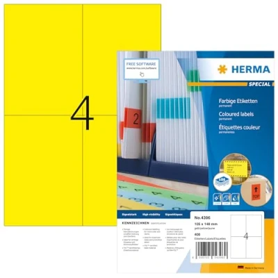 Obrázek HERMA 4396 barevné etikety žluté, 100 listů, 105 x 148 mm, 4 na arch A4, 400 kusů, samolepicí, potisknutelné, matné, prázdné papírové nálepky