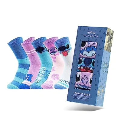 Obrázek Disney Stitch dámské ponožky, pestré teplé punčochy s motivem, dárky pro ženy, Teenies, balení po 5 kusech (růžová/modrá síťka), Růžová/modrá síť