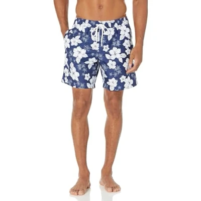 Obrázek Amazon Essentials Herren Badehose, Schnell Trocknend, 18 cm, Marineblau Hibiskusblume, L