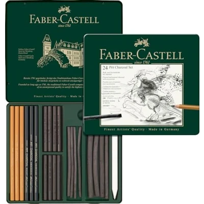 Obrázek FABER CASTELL 112978 Pitt sada uhlí v kovovém pouzdru, 24dílná