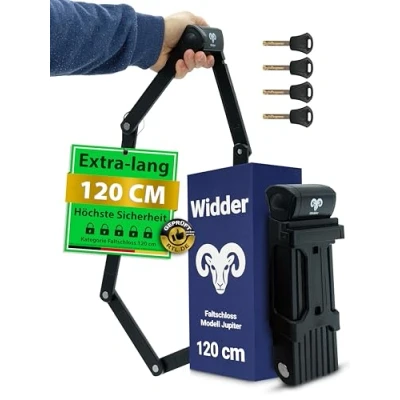 Obrázek Widder Velmi bezpečný zámek na kolo, skládací 120 cm se 4 klíči kolo s držákem ideální jako elektrokolo, elektrokoloběžku, jízdní kola a