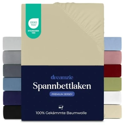 Obrázek Dreamzie Prémiové napínací prostěradlo 80 x 200 cm, pro tlusté matrace až 12 100% žerzejová bavlna, 150 g/m², certifikováno Öko Tex béžové