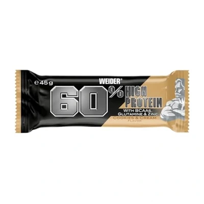 Obrázek WEIDER 60 % proteinových tyčinek, proteinové tyčinky s nejvyšším obsahem bílkovin na trhu, High Protein tyčinka glutaminem a BCAA pro růst svalů fitness, 24 kusů po 45 g, cookies &amp; Cream