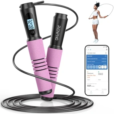 Obrázek RENPHO Švihadlo, Smart fitness Skipping Rope s analýzou dat aplikací, workout Jump Rope, Speed pro trénink, crossfit, profesionální sport, švihadlo dospělé, ženy, muže, děti, růžové