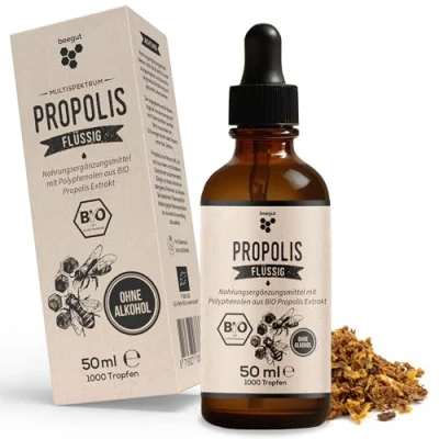 Obrázek beegut BIO propolis kapky tekuté bez alkoholu, 50 ml tinktury propolisu rozpustné ve vodě s extraktem z propolisu, standardizovaná kvalita, udržitelné balení