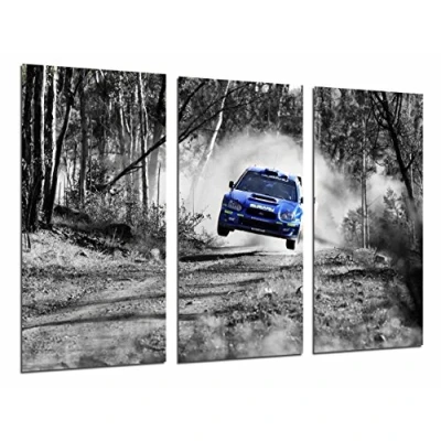 Obrázek Cuadros Camara Fotoposter Auto Rennen Subaru Blau Landschaft Wald, Weiß Schwarz Gesamtgröße: 97 x 62 cm XXL