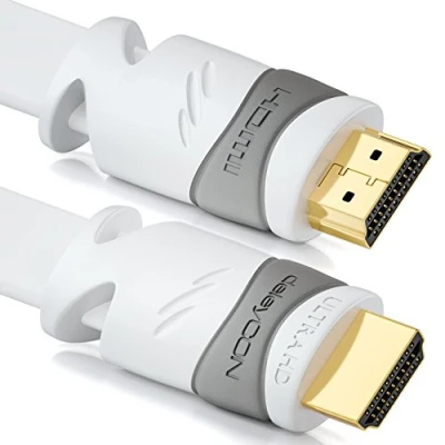 Obrázek deleyCON 10m plochý HDMI kabel kompatibilní s 2. 0 až 1. 4 UHD 4K 3D 1080p 2160p ARC High Speed Ethernetem bílý