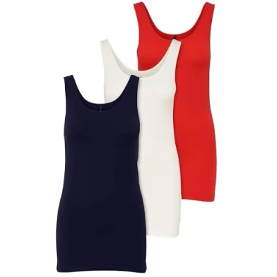 Obrázek ONLY Balení 3 ks dámské horní díly Basic tank topy bílé, černé, šedé, modré, krémové tričko dlouhé letní top 15201465, Mix barev 5