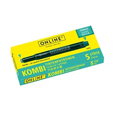 Obrázek ONLINE Kombinované inkoustové kazety, univerzální náplně, kompatibilní se všemi běžnými plniči, také Lamy plnidla, náhradní krabička s 5 velkokapacitními kazetami, barva: tyrkysová