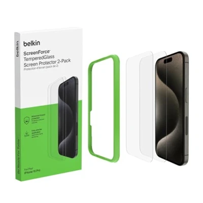 Obrázek Belkin ScreenForce TemperedGlass antimikrobiální ochranná fólie na displej pro iPhone 15 Pro, tenká, křišťálově čirá, odolná proti poškrábání, polohovací rámeček aplikaci bez bublin, balení po 2
