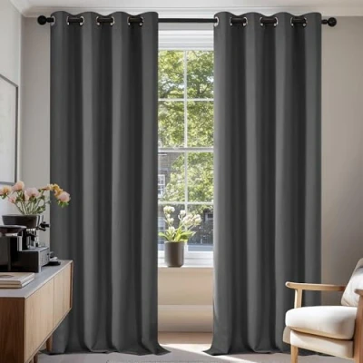 Obrázek Deconovo Neprůhledné záclony s očky do ložnice, termozáclona, ochrana proti chladu, neprůhledný závěs, 220 x 140 cm (výška, šířka), tmavě šedá, sada 2 ks