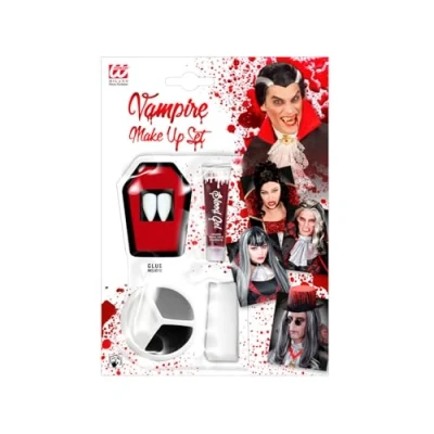 Obrázek Widmann 4100V make up Set upír, 2 špičáky k nalepení do rakve, krevní gel 3 ml, barvy na 4,5 houbičky, tematická party, karneval, Halloween