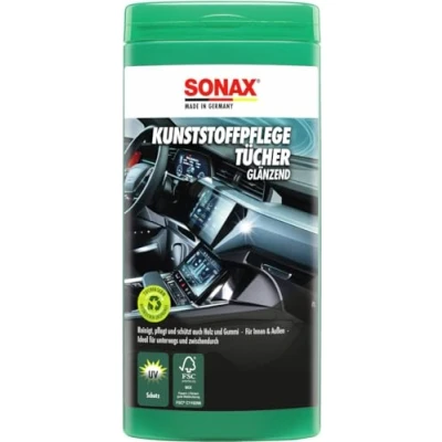 Obrázek SONAX Ubrousky pro ošetření plastů lesklý box (25 kusů) Čisté vlhké ubrousky, ošetřují a dodávají lesk v jednom pracovním kroku č. výr. 04121000