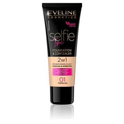 Obrázek Eveline Cosmetics Selfie Time hydratační podkladový make up &amp; korektor č. 01 porcelán sestavitelná krycí síla, kyselina hyaluronová vitamin E, receptura proti leštění, 30 ml