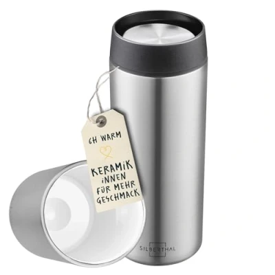 Obrázek SILBERTHAL Termopohárek 350 ml ušlechtilá ocel hrnek na kávu s ochranou proti vytečení keramikou termohrnek keramika kávový pohárek ve stříbrné barvě až 6 h teplý