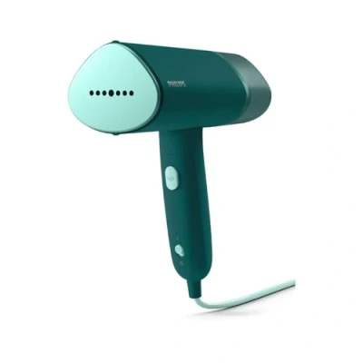 Obrázek Přenosný napařovač Philips řady 3000 1000 W, tlak páry 20 g/min, odnímatelná nádrž na vodu 120 ml, kovová parní deska, vč. úložného sáčku, hmotnost 660 g, tmavě zelená (STH3020/70)