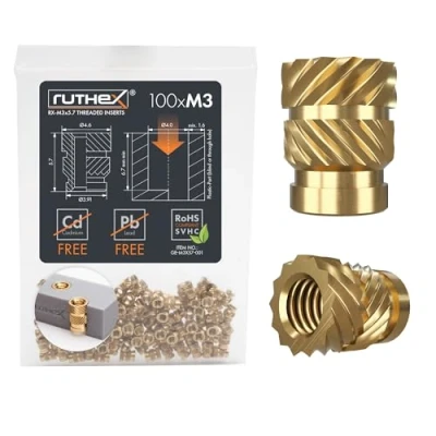 Obrázek ruthex Závitová vložka M3 100 kusů RX x 5. 7 pouzdra z mosazi stabilní přítlačná matice pro plastové díly díky tepelnému roztavení do 3D tlakových dílů plastu