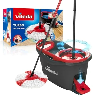 Obrázek Vileda TURBO, kompletní sada, mop na podlahu s mopem z mikrovlákna, teleskopická násada (58 123 cm), kbelík ždítkem a pedálem, pro všechny podlahy, udržitelný stírací systém, ekologické balení