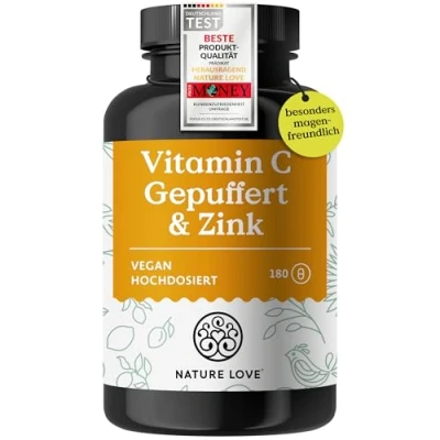Obrázek NATURE LOVE® Vitamin C s pufrovaným a zinkem 180 kapslí vysoká dávka 1000 mg + 15 zinku fermentace kukuřice, pH neutrální, bez obsahu kyselin laboratorně testováno, veganské vyrobeno v
