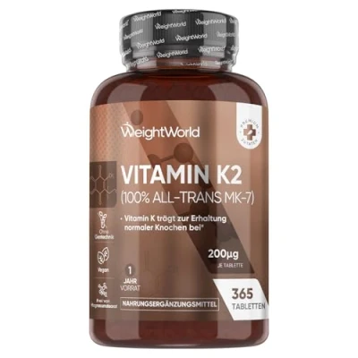 Obrázek vitamín K2 MK7 365 veganské tablety 200 µg v každé dávce 100% All Trans Menaquinon pro srážení krve a kosti (EFSA) zásoba 1 rok k přípravky alternativa kapkám WeightWorld