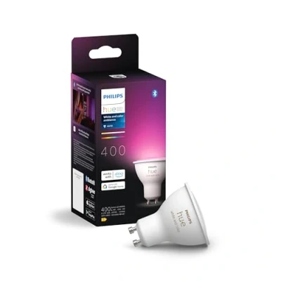 Obrázek Philips Hue Chytrá žárovka GU10, bílé a barevné světlo, balení po 1 kusech, kompatibilní s Bluetooth, hlasové ovládání asistenty Alexa, Apple Home Google Assistant