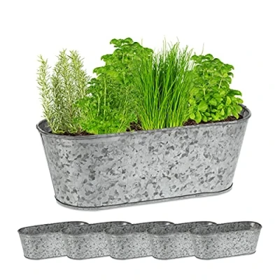 Obrázek Relaxdays Zinková vana 6dílná sada, pozinkované misky na rostliny, oválné železné vany pro venkovní použití, V x Š H: 11 30,5 13,5 cm, stříbrná