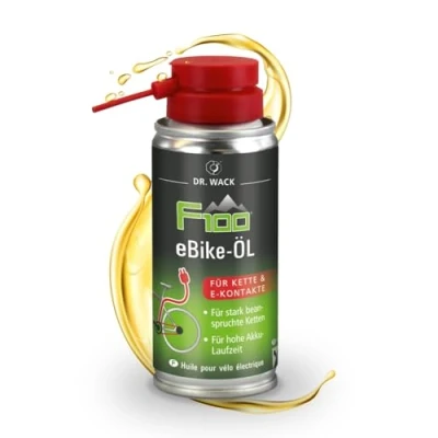 Obrázek DR. WACK Olej na řetěz F100 pro elektrokola 100 ml Mazací prostředek méně opotřebení a tření Sprej řetězy Mazivo Ebike Vysoce kvalitní péče o jízdní kola