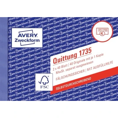 Obrázek AVERY Zweckform 1735 blok stvrzenek (A6 na šířku, 2 x 40 listů, samopropisující, tisk dokumentů zabezpečený proti falšování, pro částky nad 250 se samostatnou DPH, DE/AT) bílá/žlutá