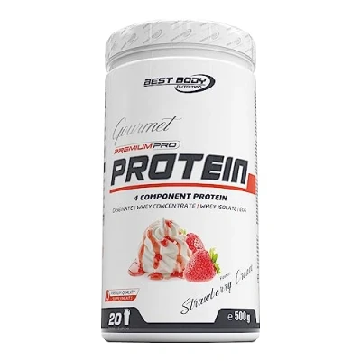 Obrázek Best Body Nutrition Gourmet Premium Pro protein, Jahodový krém, dóza se 4 složkami Protein Shake: Caseinat, Whey koncentrát, Isolat, vaječný 500 g