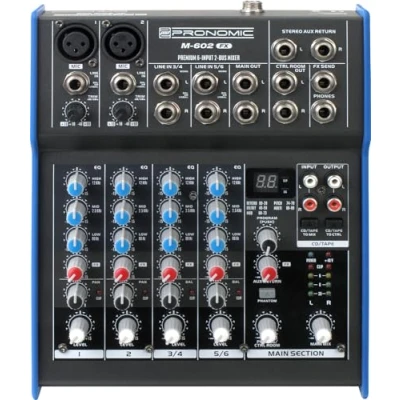 Obrázek Pronomic Mixážní pult M 602FX Live/Studio s digitálním 24bitovým multiefektním procesorem (2 mono kanály XLR/jack, 2 stereo kanály, 3pásmový ekvalizér, 48V fantomové napájení)
