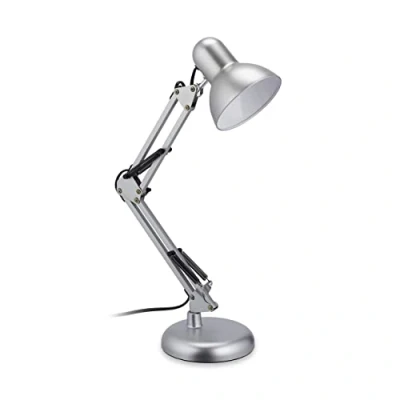 Obrázek Relaxdays stolní lampa Retro, nastavitelná s kloubovým ramenem, objímka E27, otočná, kancelářská kov, stříbrná, 54 x 15 25 cm