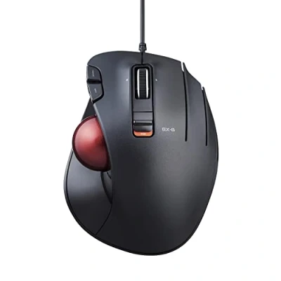 Obrázek ELECOM Trackball myš EX G, kabelové připojení, ovládání palcem, ergonomický design, funkce 5 tlačítek s plynulým sledováním, optický herní senzor, hladká červená koule,