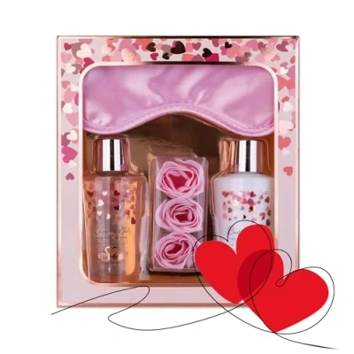 Obrázek accentra Dárková sada pro ženy Heart Cascade Beauty s maskou na spaní, sprchovým gelem, tělovým mlékem a konfetami do koupele růžemi wellness dívky k narozeninám