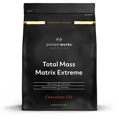 Obrázek Protein Works Total Mass Matrix Extreme 975 Kalorien pro Portion Weight Gainer Shakes Zum Zunehmen 5 Servings Chocolate Silk 1.325kg