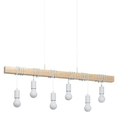 Obrázek EGLO závěsná lampa Townshend, 6 plamenných vintage závěsné svítidlo v industriálním designu, retro z oceli a dřeva, barva: bílá, hnědá, objímka: E27
