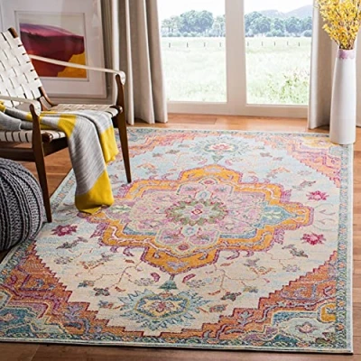 Obrázek SAFAVIEH Boho Teppich für Wohnzimmer, Esszimmer, Schlafzimmer Crystal Collection, Kurzer Flor, Hellblau und Fuchsia, 91 X 152 cm