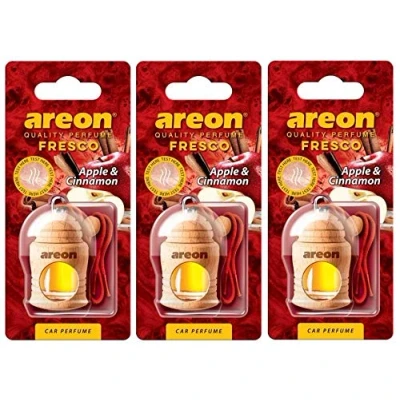Obrázek AREON Fresco Auto vůně Jablko Skořice Skleněná Flakon Dřevo Visící Přívěsek Zrcadlo Červené 4 ml (Pack x 3)