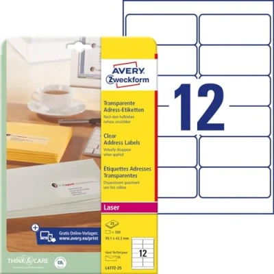 Obrázek AVERY Zweckform L4772 25 adresní štítky/nálepky na adresy (300 etiket, 99,1 x 42,3 mm A4, potiskovatelné, samolepicí, pro DIN dlouhé obálky + Deutsche Post INTERNETMARKE) listů, transparentní